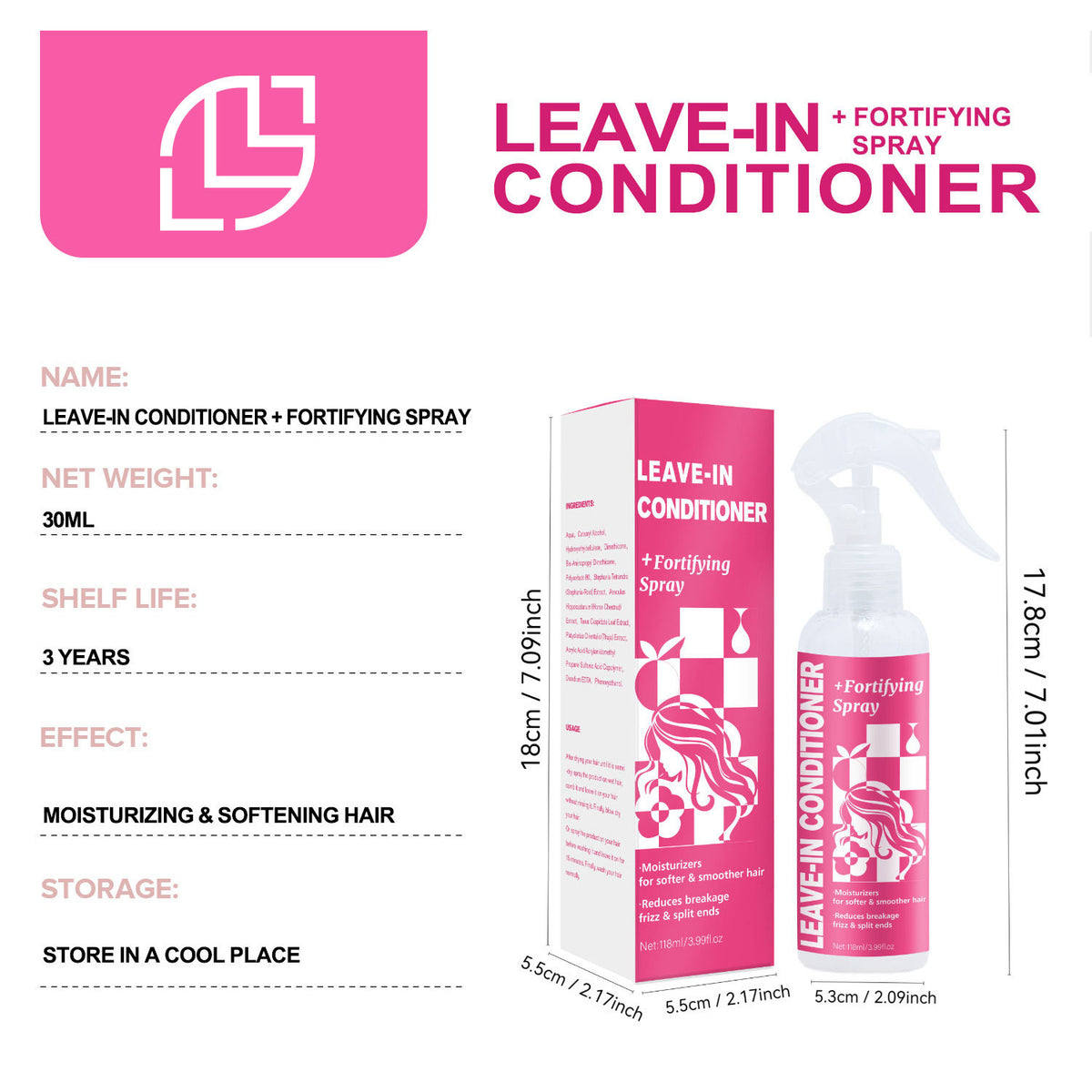 Leave-In Hair Conditioner Anti-Knot Spray for Detangling, Hydrating and Smoothing Hair