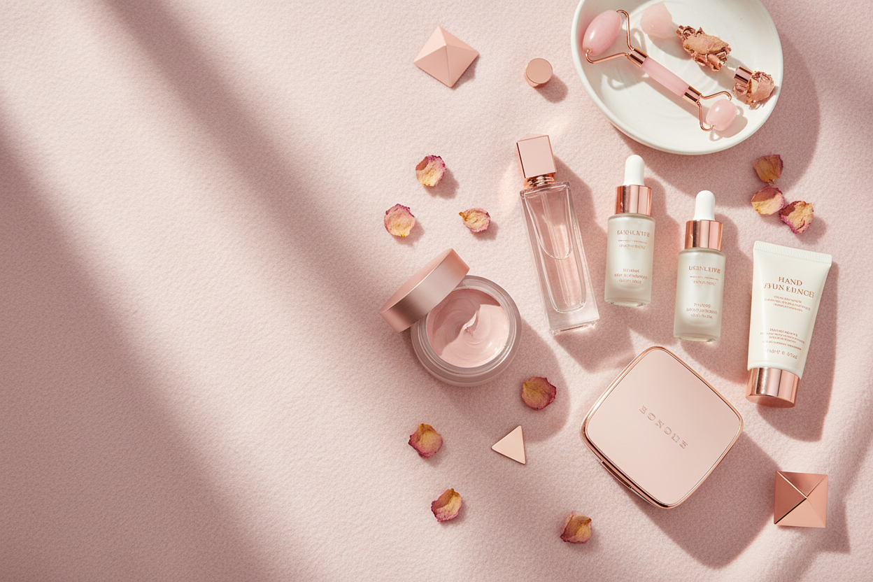 everyday essentials beauty product image for desktop banner, it should represent mask, fragrance, serums, etc. should be in light pink color